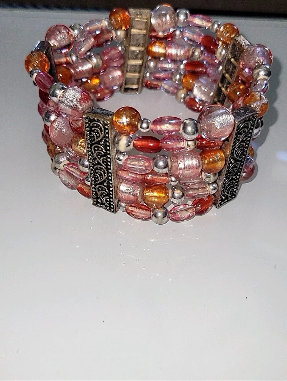 Pink Amber Multi Strand Beaded Stretch Cuff Bracelet Boho Statement